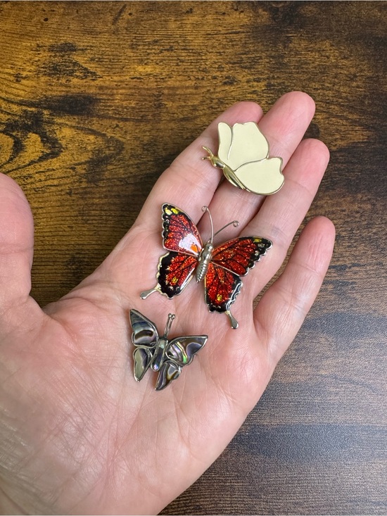 Jewelry - Set of Three Butterfly Pins - Red, Gold & Iridescent